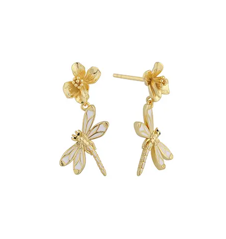 PLE08080 Pendientes de plata de ley 925 con lib&eacute;lula y flor esmaltadas