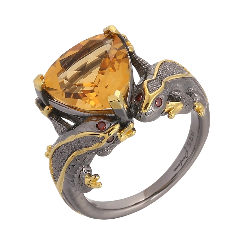 Anillo artesanal YR03586 de plata de ley 925 con circonitas c&uacute;bicas y lagarto Critine.