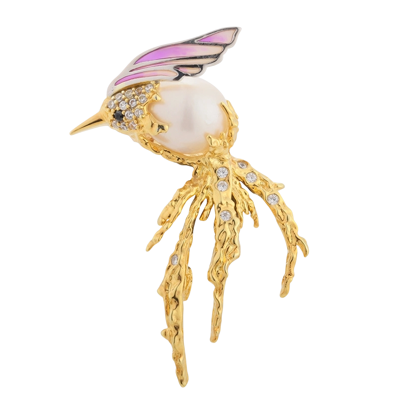 C00508 Broche de plata de ley 925 con perla y dise&ntilde;o de pajarito esmaltado