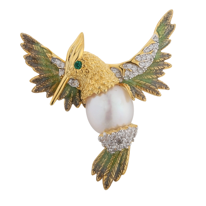 C00594 Broche de plata de ley 925 con perla y dise&ntilde;o de pajarito esmaltado